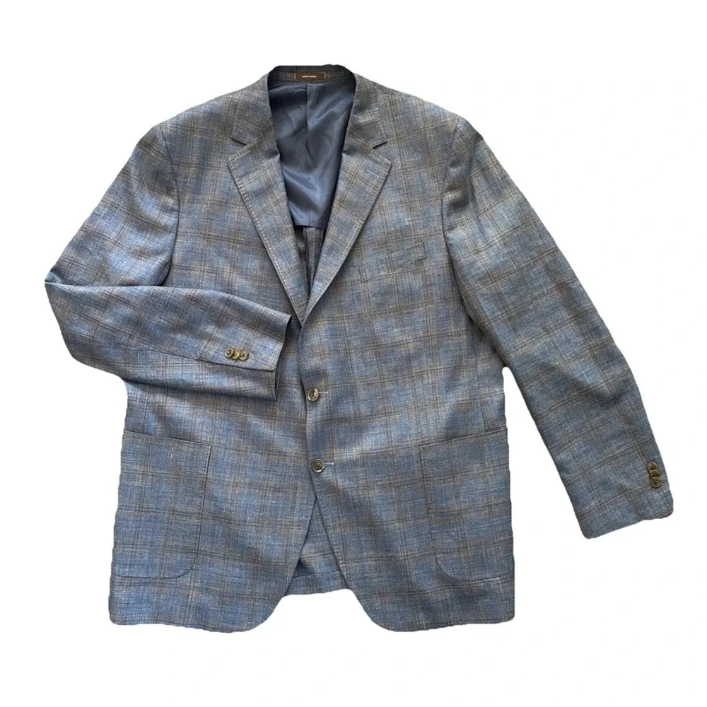 Peter Millar Sport Coat 48T Loro Piana Summer Wool Silk Linen Blue Plaid Blazer